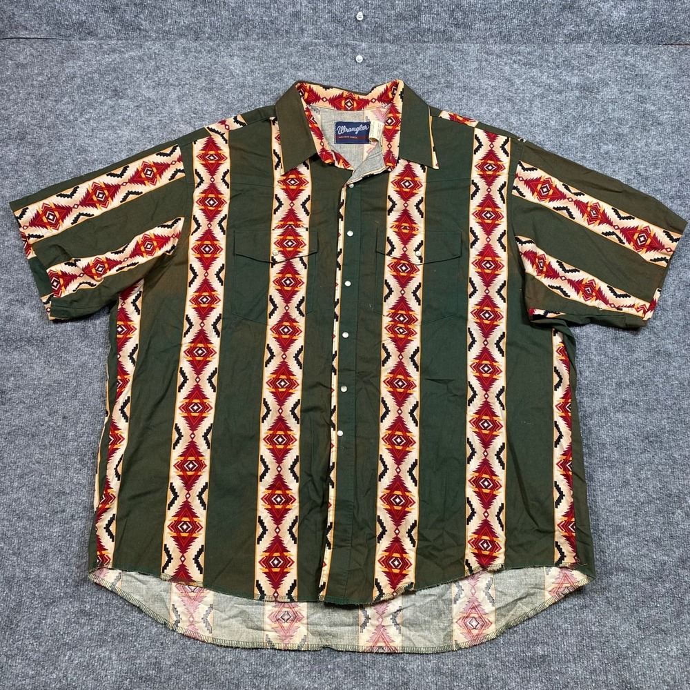 Wrangler Mens Aztec Tribal Western Shirt Short Sleeve Olive Green 3X V258-012B